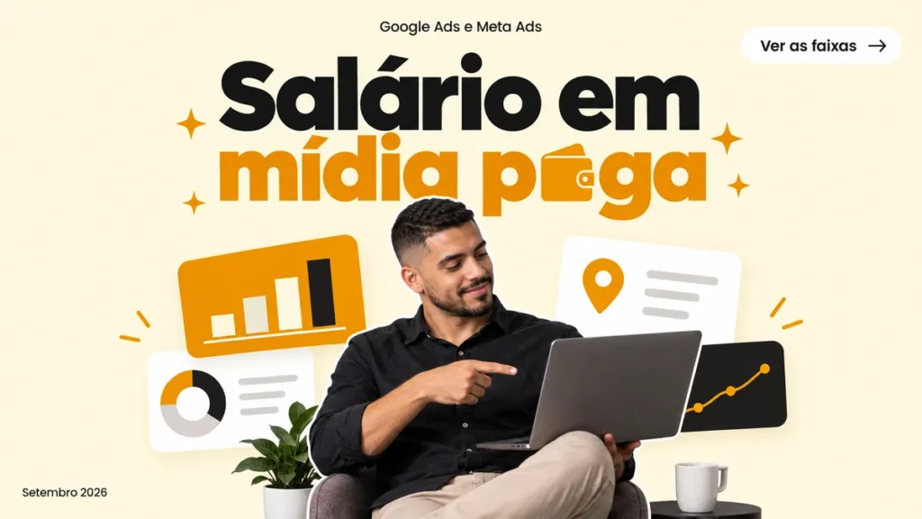 Capa do artigo sobre salário de especialista em mídia paga no Brasil, com homem apontando pro notebook e faixas