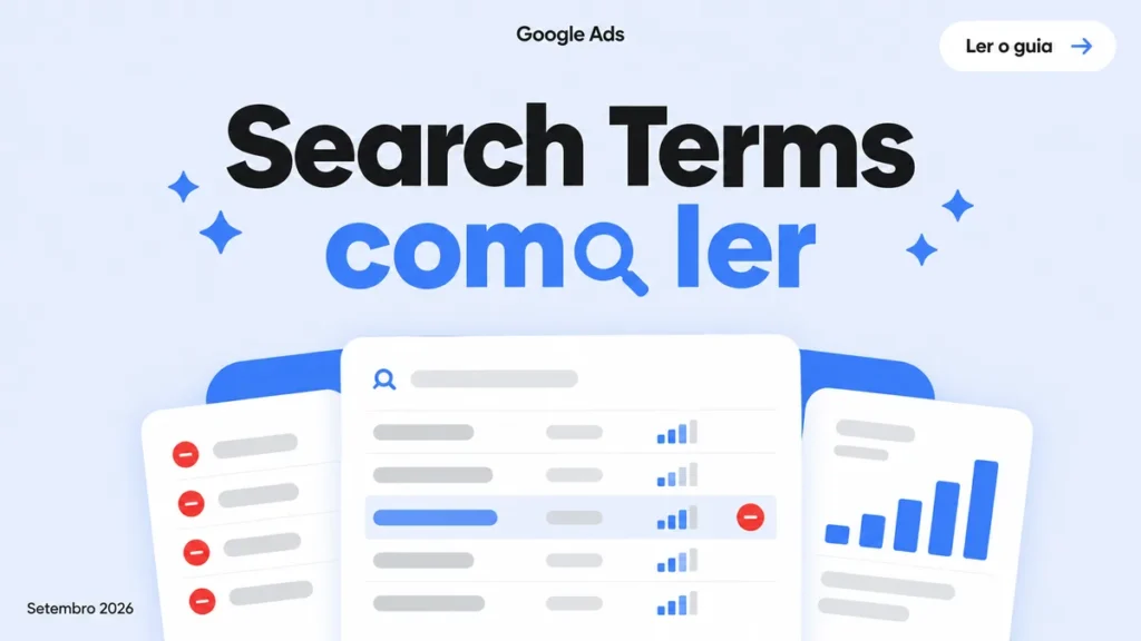 Capa do artigo sobre search terms report no Google Ads, com cards de tabela de termos, negativas e economia