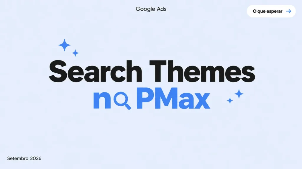 Capa do artigo sobre search themes no Performance Max, com título grande em duas linhas e ícone de lupa