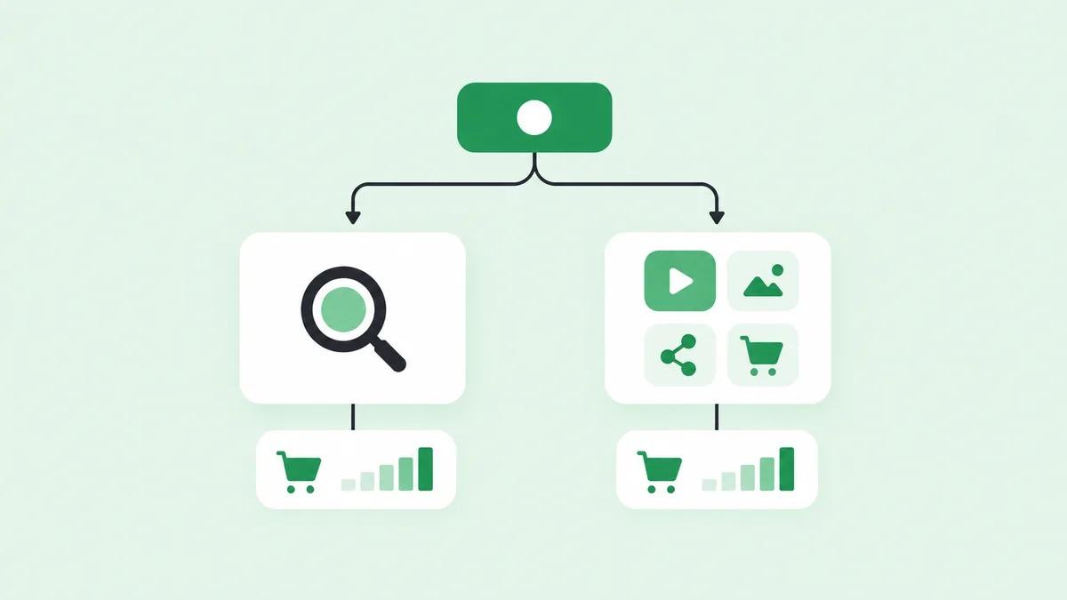 Arvore de decisao para escolher entre Search e Performance Max no Google Ads conforme o volume de conversoes