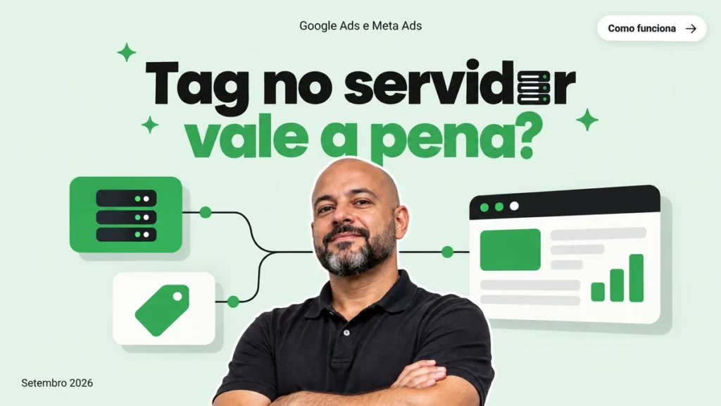 Capa do artigo sobre server-side tagging com GTM, com homem de braços cruzados entre cards de servidor e navegador