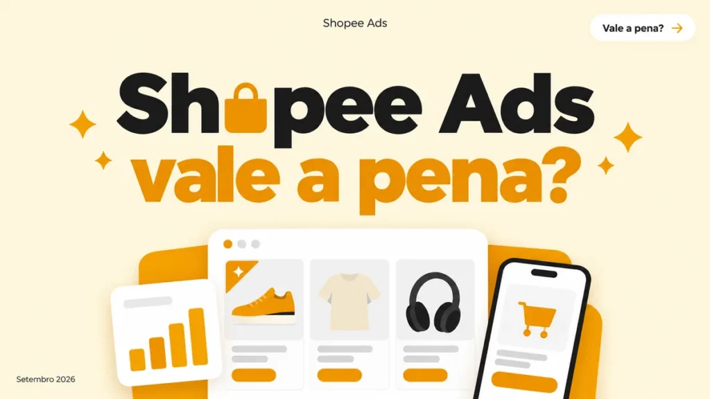Capa do artigo sobre Shopee Ads, com título grande e cards de vitrine de marketplace, gráfico de vendas e carrinho
