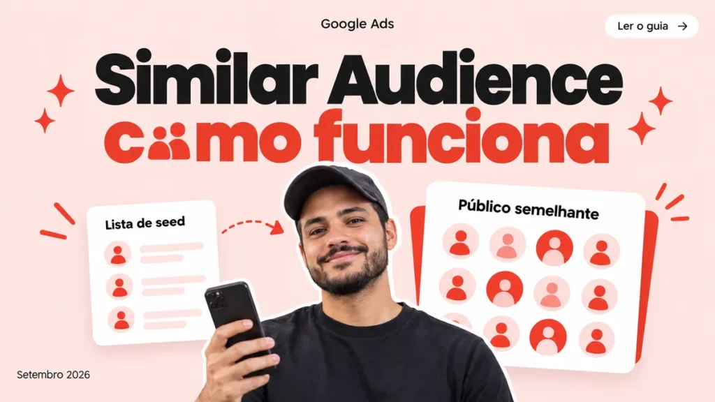 Capa do artigo sobre Similar Audiences no Google Ads, com homem segurando celular entre cards de públicos