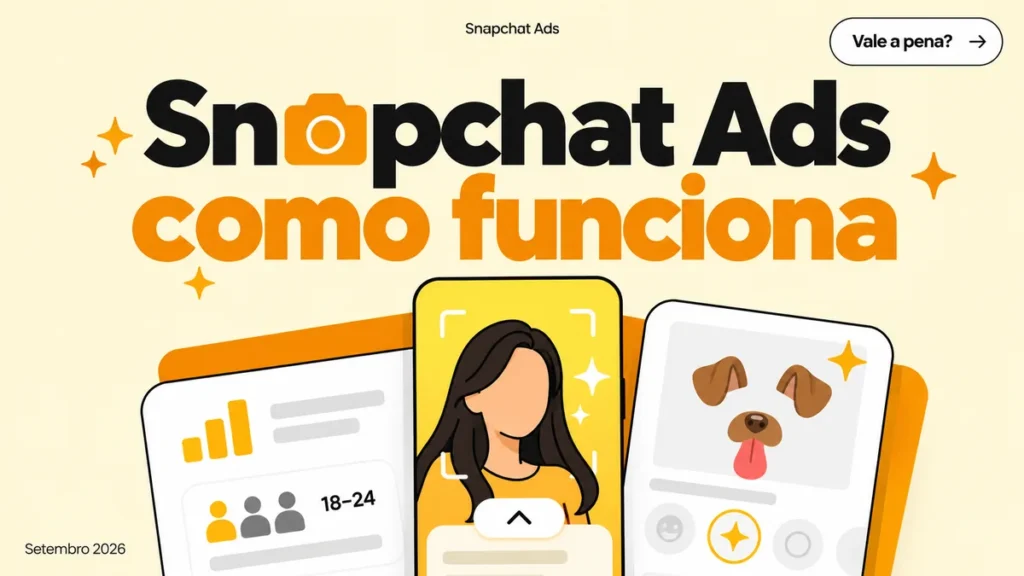 Capa do artigo sobre Snapchat Ads, com título grande e cards de story vertical, filtro de lente e público jovem