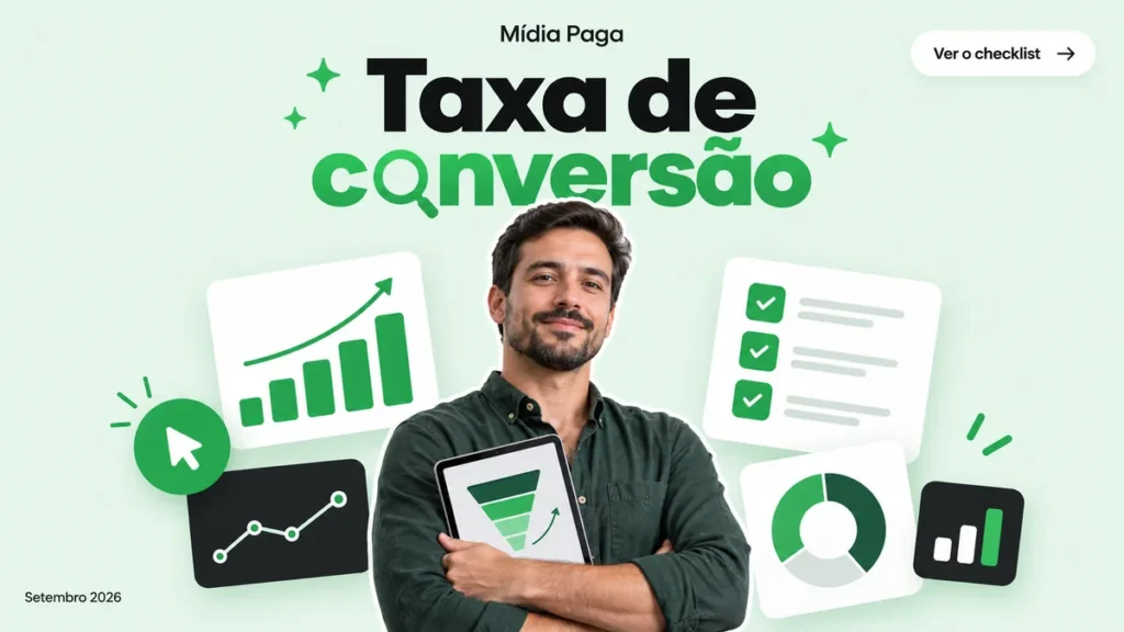 Capa do artigo sobre taxa de conversão em mídia paga com checklist de diagnóstico em oito passos