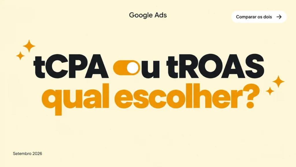 Capa do artigo tCPA vs tROAS no Google Ads, com título grande em duas linhas e ícone de chave seletora