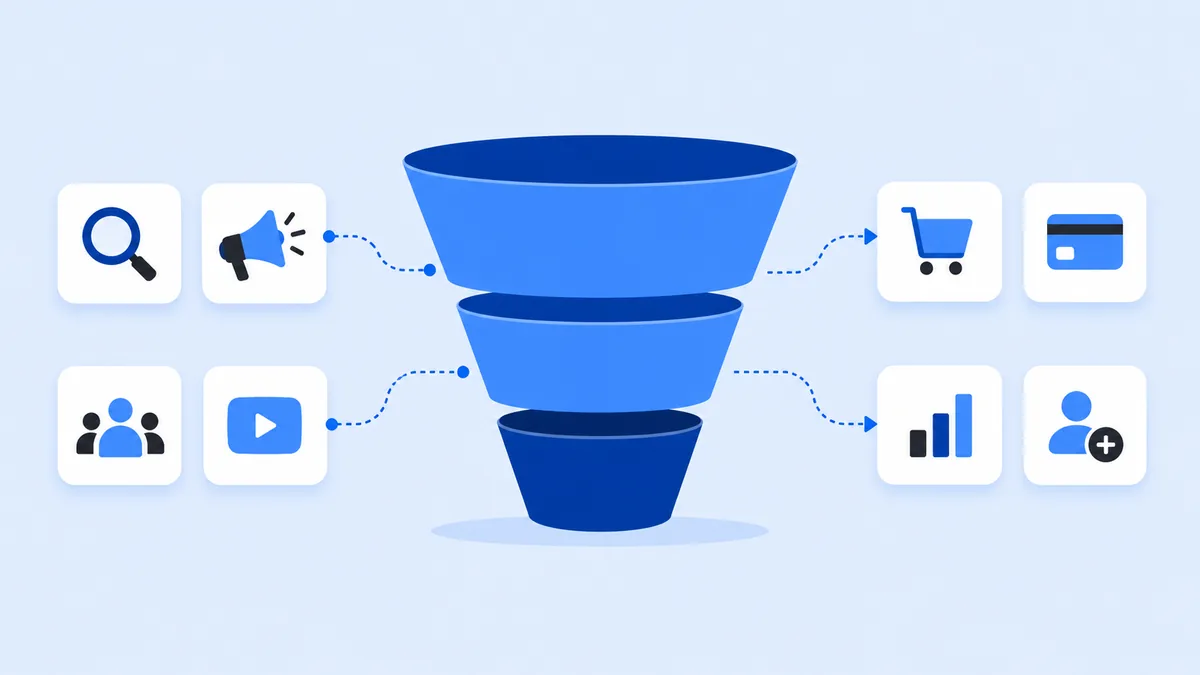 Diagrama do funil com os tipos de campanha do Google Ads distribuídos por etapa de compra