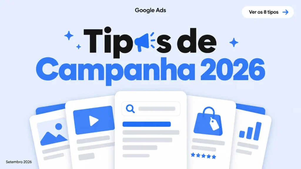 Capa do guia sobre os tipos de campanha do Google Ads em 2026, com título grande e ícone de megafone