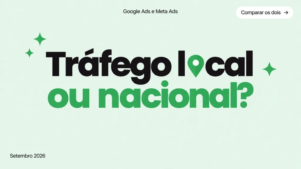 Capa do artigo tráfego pago local vs nacional, com título grande em duas linhas e ícone de pino de mapa na palavra