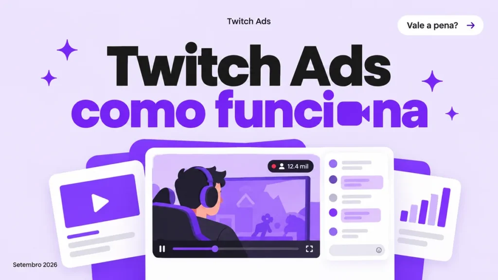 Capa do artigo sobre Twitch Ads, com título grande e cards de player de live, chat e anúncio pre-roll
