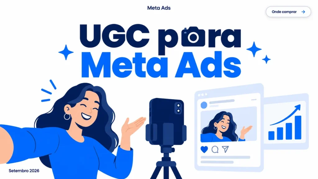 Capa do artigo sobre UGC para Meta Ads, com título grande em duas linhas e ícone de câmera de selfie na palavra