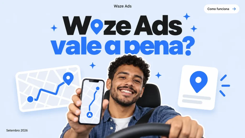 Capa do artigo sobre Waze Ads, com motorista segurando celular entre cards de mapa com rota e pino de local