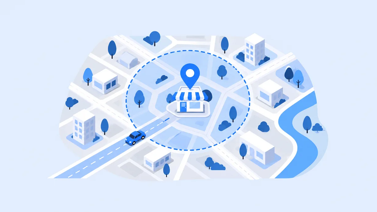 Diagrama do raio de ativacao de uma campanha de Waze Ads ao redor de um ponto fisico com fluxo de carros