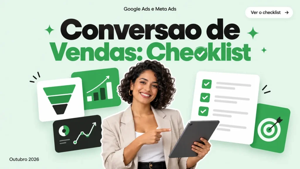 Capa do artigo sobre como diagnosticar queda na conversao de vendas em midia paga, com mulher analisando checklist em tablet