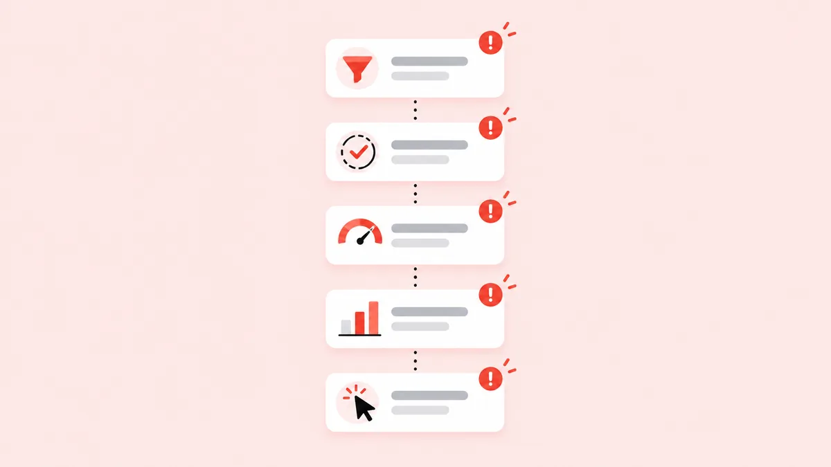 Diagrama dos cinco erros mais comuns ao otimizar campanhas Google Ads para e-commerce, da estrutura ao funil pós-clique