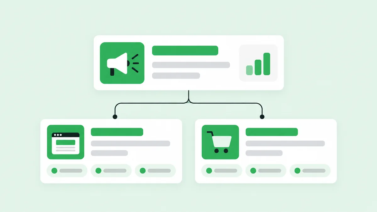 Diagrama de estrutura de conta no Google Ads com campanhas por rede e grupos de anúncio temáticos