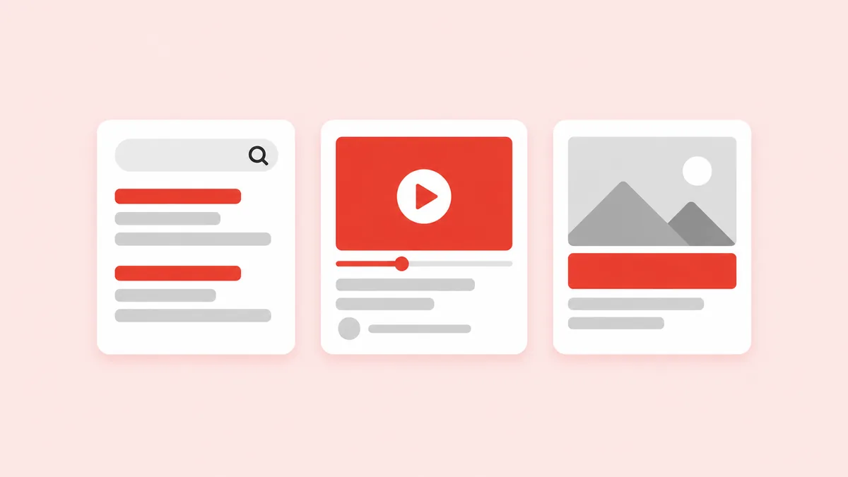 Comparação dos formatos de anúncio visíveis na Biblioteca de Anúncios do Google Ads: search, vídeo e display
