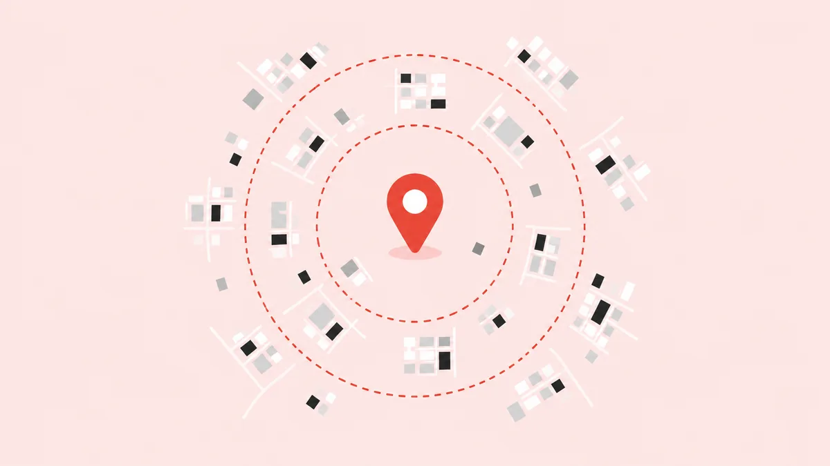 Ilustração de um raio de segmentação geográfica ao redor de uma clínica para campanhas de Google Ads para dentistas