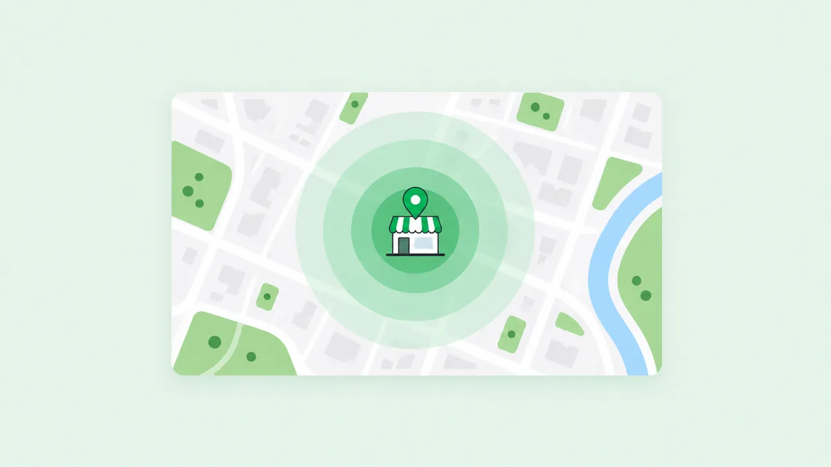 Mapa ilustrando os raios de segmentação geográfica usados numa campanha de Google Ads para restaurantes