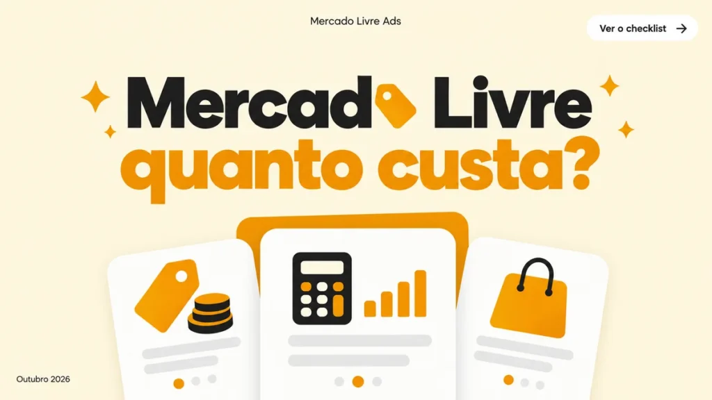 Capa do artigo sobre o preço do Mercado Livre Ads, com cards de etiqueta de preço e calculadora de custo