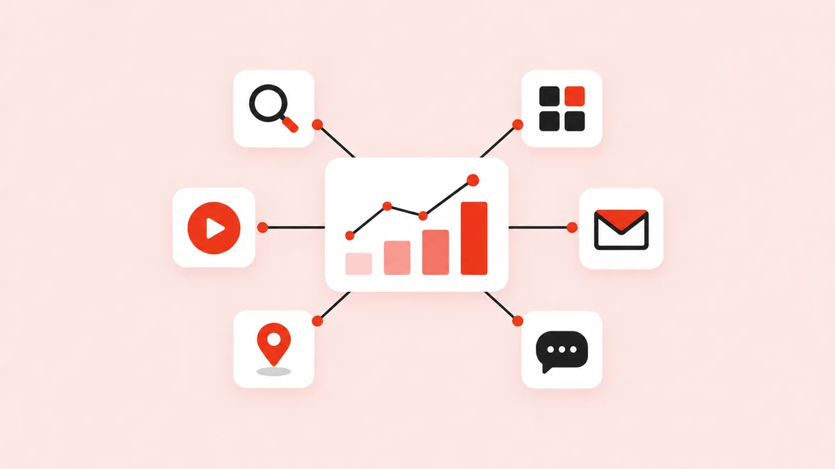 Diagrama dos canais que o Performance Max cobre ao mesmo tempo no Google Ads, como Busca, Shopping e YouTube