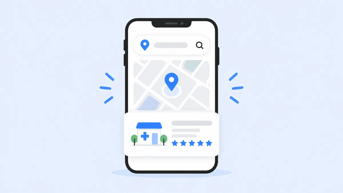 Ilustração de busca no celular por clínica, representando a intenção que o tráfego pago para clínicas médicas capta