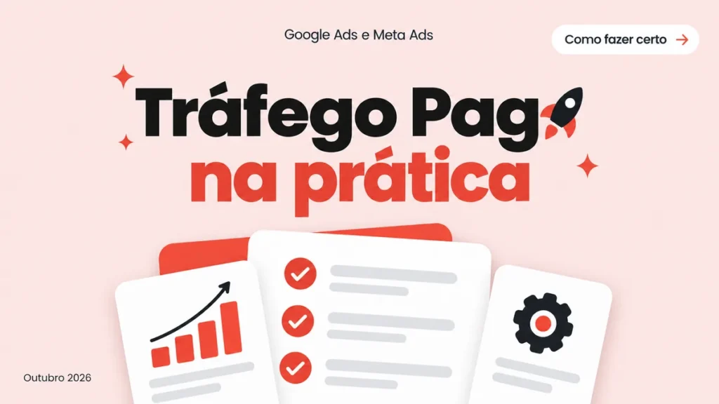 Capa do artigo sobre tráfego pago como fazer, com checklist de passos e gráfico de resultado subindo